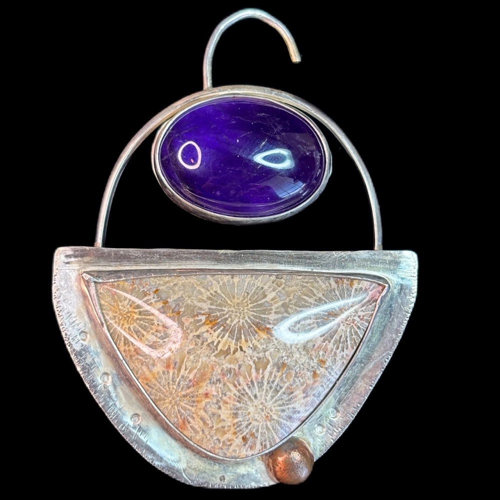Artistic Silver Pendant with Fossilized Coral and Purple Stone